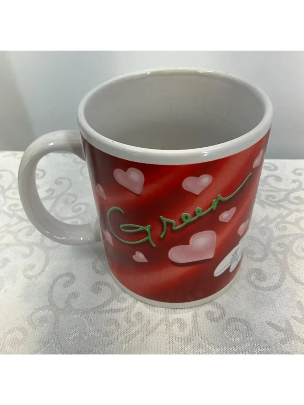 M&Ms Green Character Ceramic Mug Valentines Day Red & White Hearts Galerie